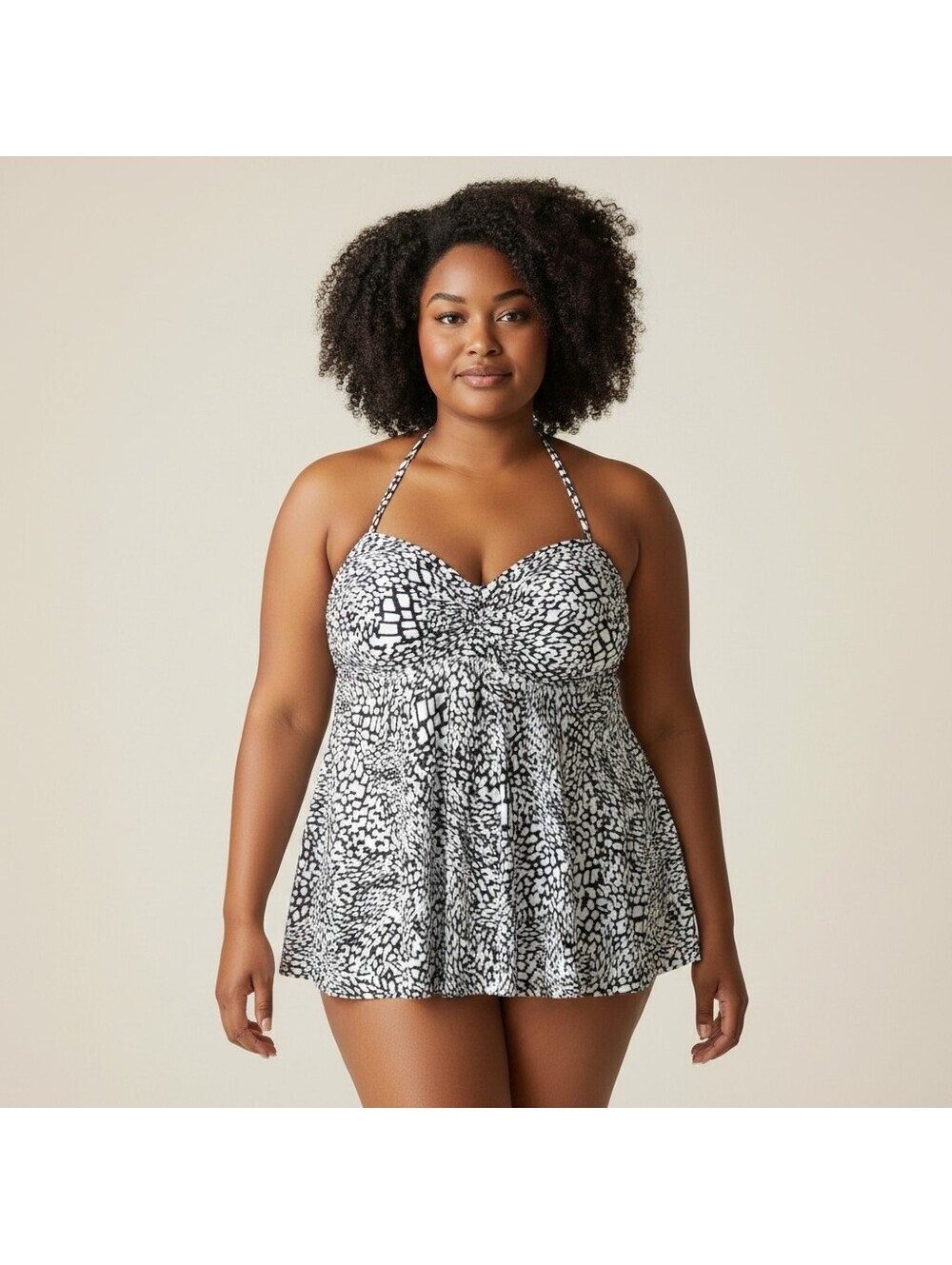 Merona Tankini Top Women XL White Geometric Push Up Sleeveless Halter Neck Swim